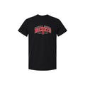 A black short-sleeve crewneck t-shirt featuring a red and white graphic on the chest that reads 'PRESCOTT RUSSELL ROCKETS SINCE 1998' with a small red basketball logo, displayed on a solid white background.