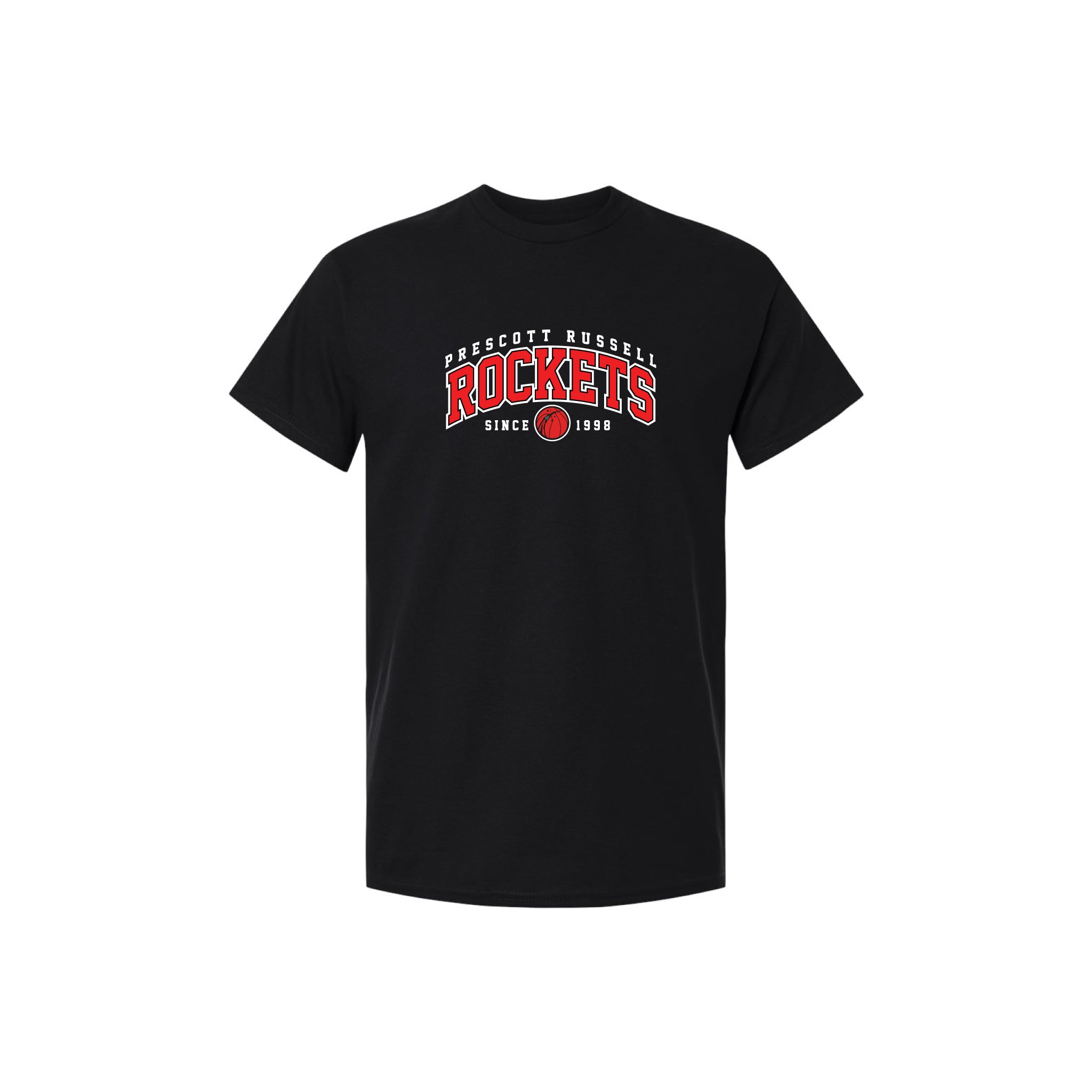 A black short-sleeve crewneck t-shirt featuring a red and white graphic on the chest that reads 'PRESCOTT RUSSELL ROCKETS SINCE 1998' with a small red basketball logo, displayed on a solid white background.