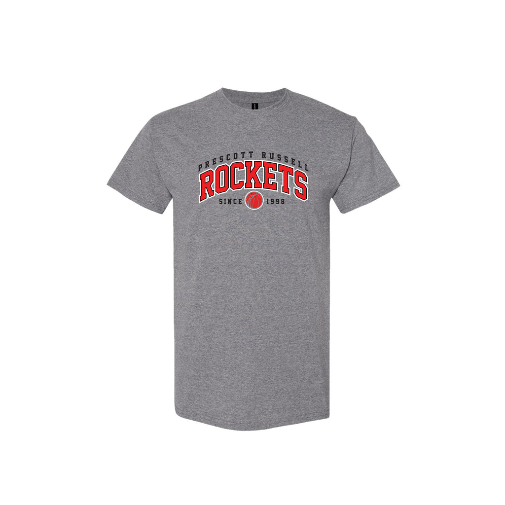 A heather gray short-sleeve t-shirt with a red and black collegiate-style 'ROCKETS' graphic on the chest, displayed against a solid white background.