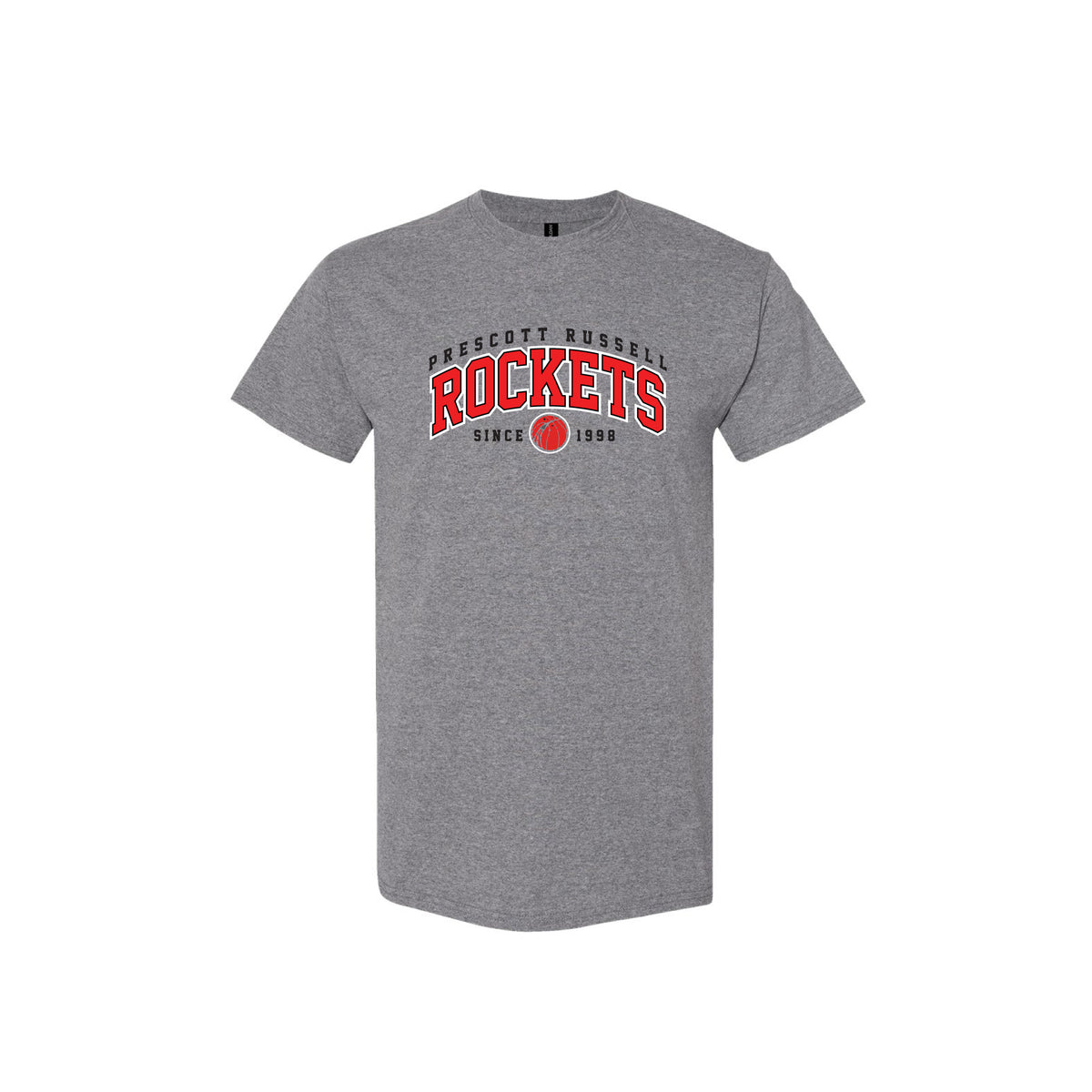 A heather gray short-sleeve t-shirt with a red and black collegiate-style 'ROCKETS' graphic on the chest, displayed against a solid white background.