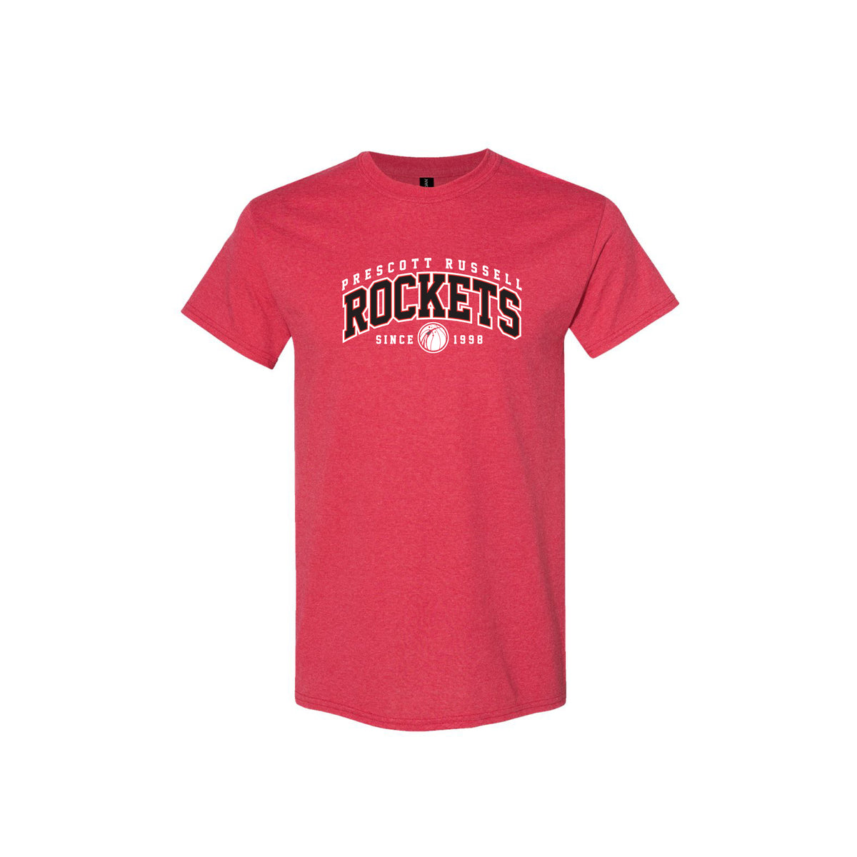A heather red short-sleeve t-shirt with a collegiate-style graphic on the chest reading 'Prescott Russell Rockets Since 1998' in black and white.