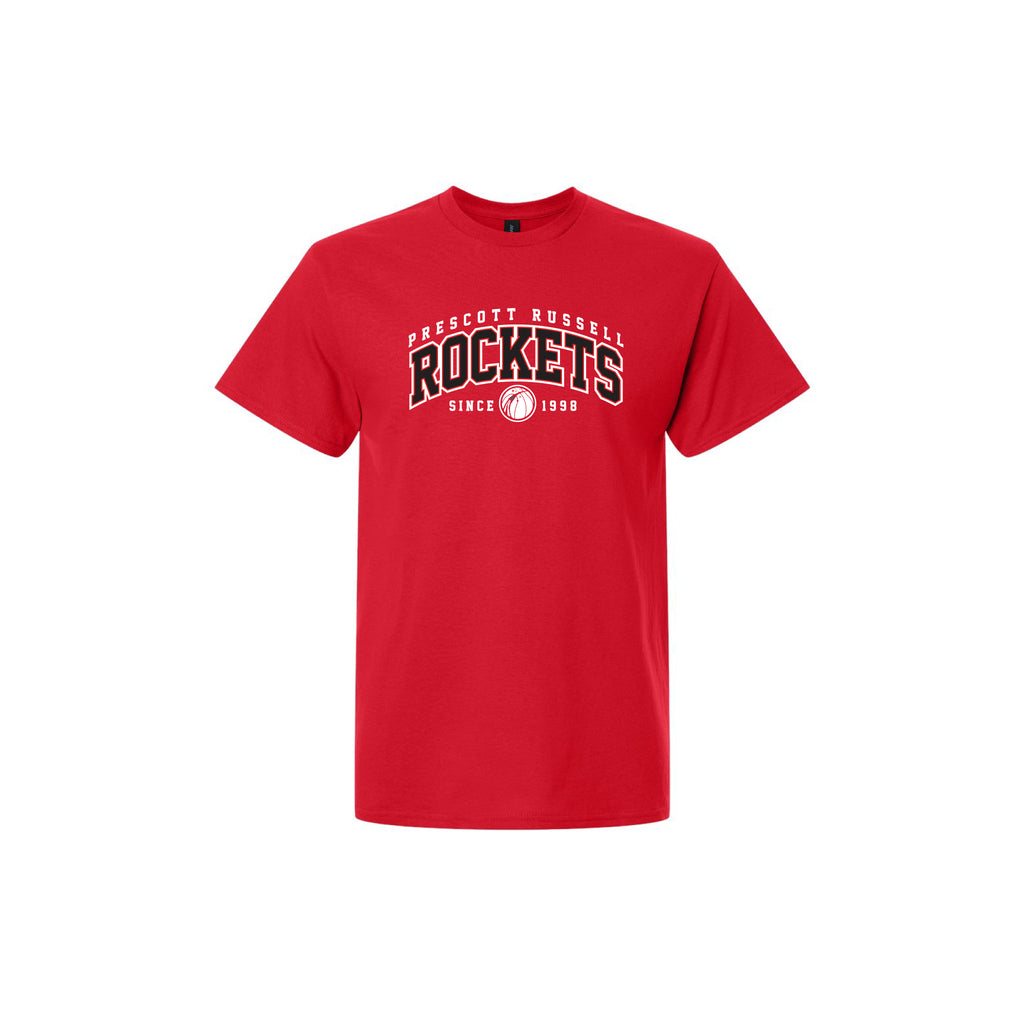 A red short-sleeve crewneck t-shirt featuring a collegiate-style 'Prescott Rockets Since 1998' graphic on the chest, displayed against a solid white background.