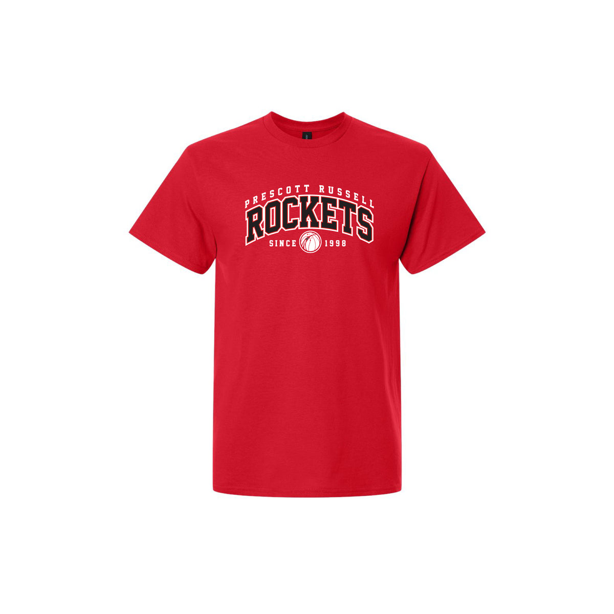 A red short-sleeve crewneck t-shirt featuring a collegiate-style 'Prescott Rockets Since 1998' graphic on the chest, displayed against a solid white background.