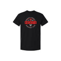 A black short-sleeve crewneck t-shirt featuring a circular red, white, and black graphic on the chest that reads 'PROSCOTT-RUSSELL ROCKETS BASKETBALL CLUB' with a basketball and logo.