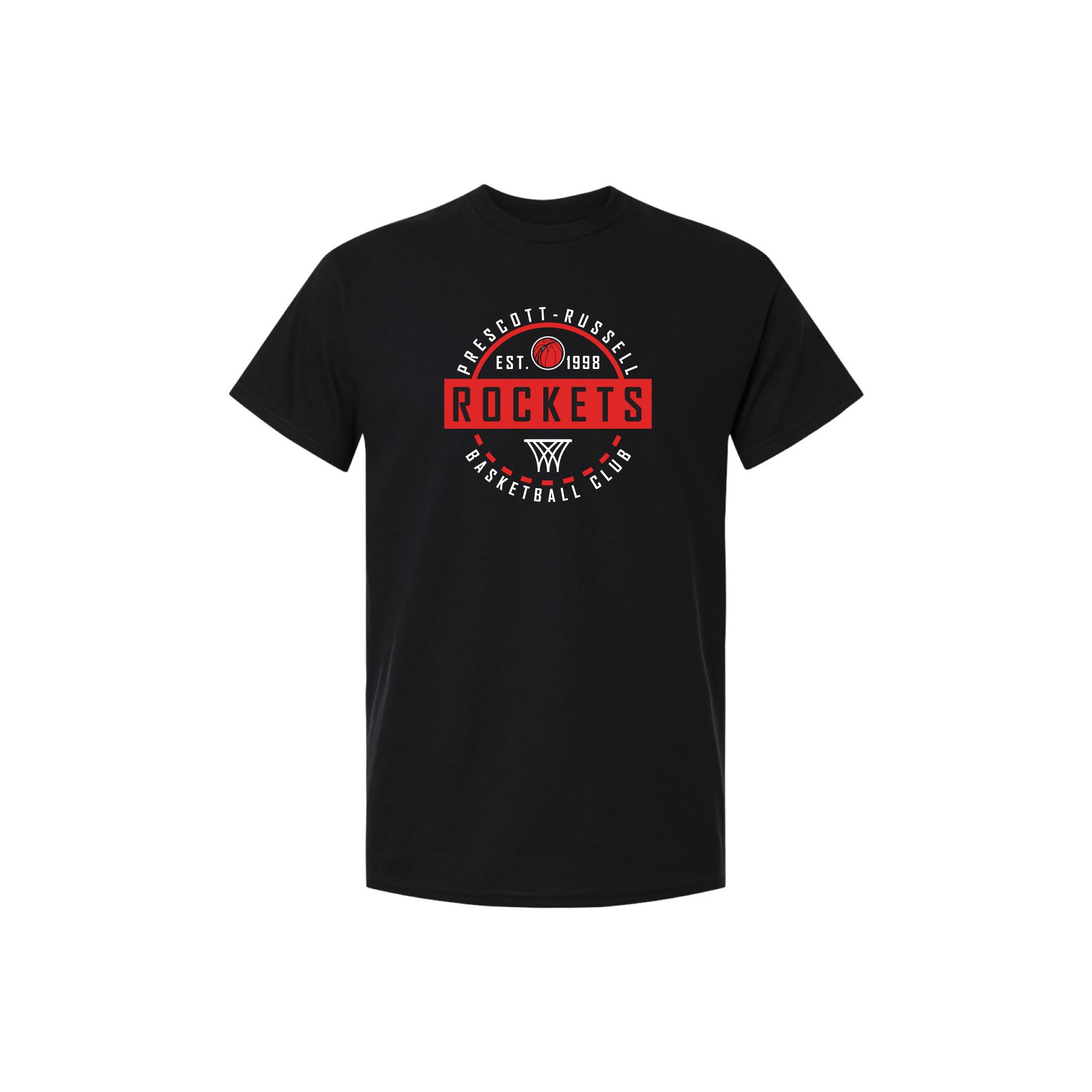 A black short-sleeve crewneck t-shirt featuring a circular red, white, and black graphic on the chest that reads 'PROSCOTT-RUSSELL ROCKETS BASKETBALL CLUB' with a basketball and logo.