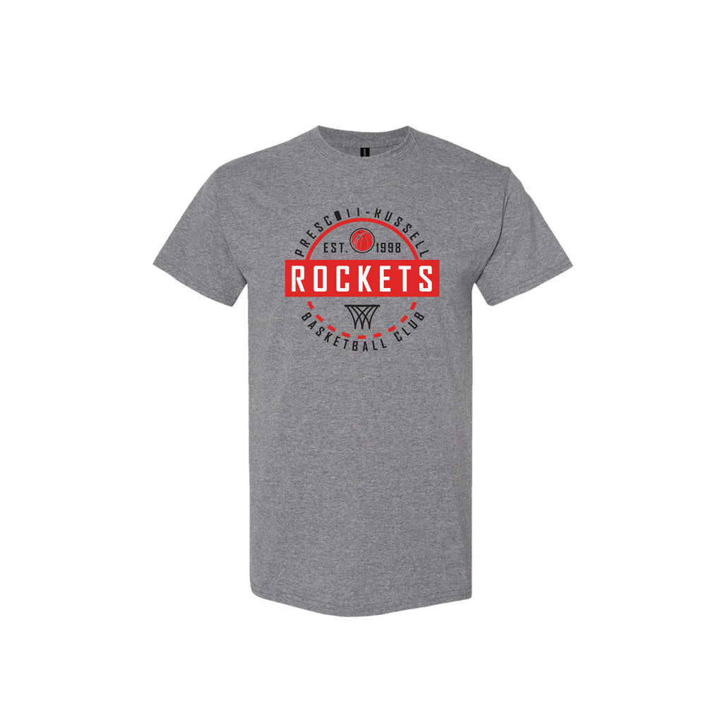 A grey short-sleeve crewneck t-shirt featuring a circular red, white, and black graphic on the chest that reads 'PROSCOTT-RUSSELL ROCKETS BASKETBALL CLUB' with a basketball and logo.