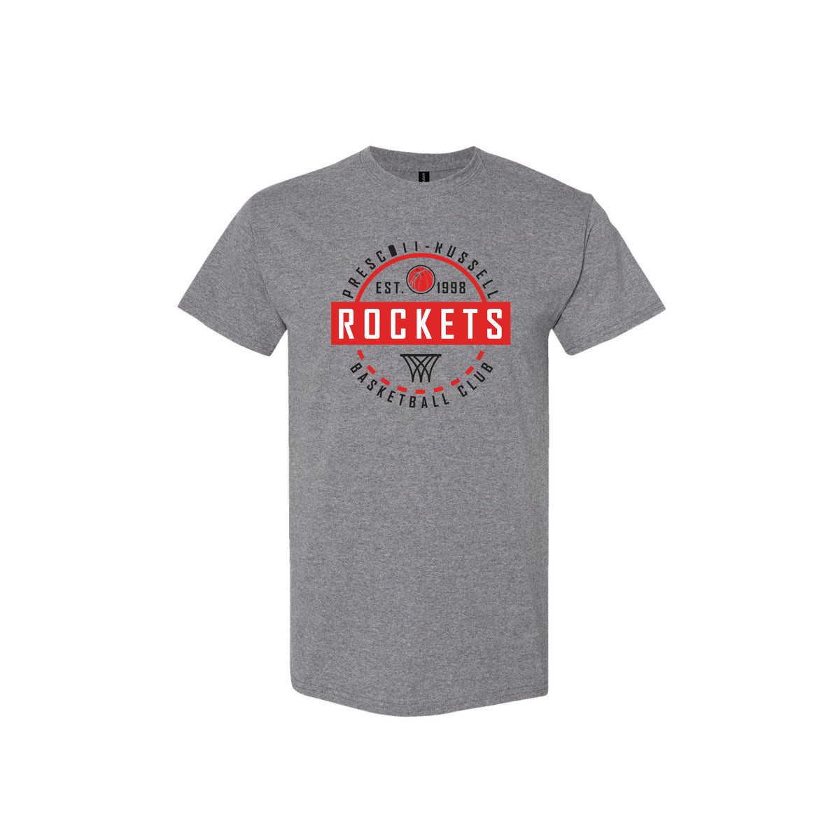 A grey short-sleeve crewneck t-shirt featuring a circular red, white, and black graphic on the chest that reads 'PROSCOTT-RUSSELL ROCKETS BASKETBALL CLUB' with a basketball and logo.