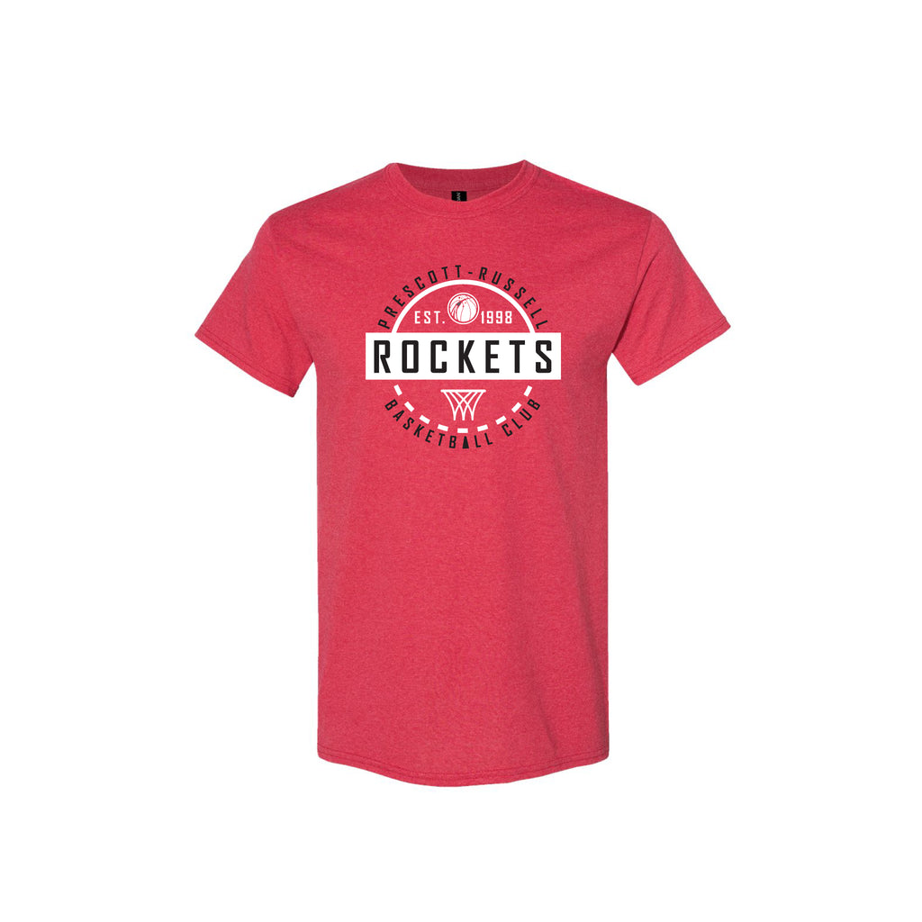 A black short-sleeve crewneck t-shirt featuring a circular red, white, and black graphic on the chest that reads 'PROSCOTT-RUSSELL ROCKETS BASKETBALL CLUB' with a basketball and logo.