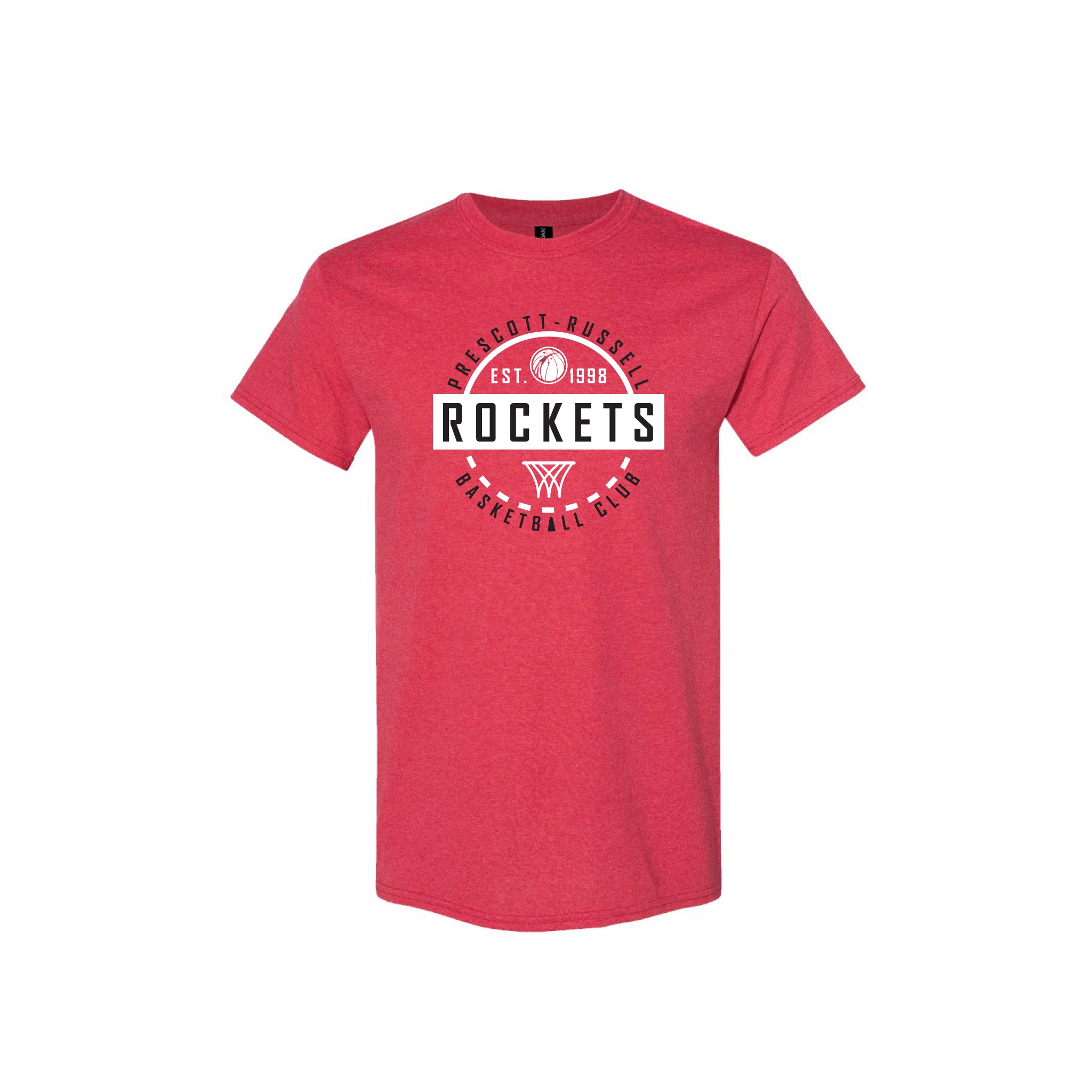 A black short-sleeve crewneck t-shirt featuring a circular red, white, and black graphic on the chest that reads 'PROSCOTT-RUSSELL ROCKETS BASKETBALL CLUB' with a basketball and logo.