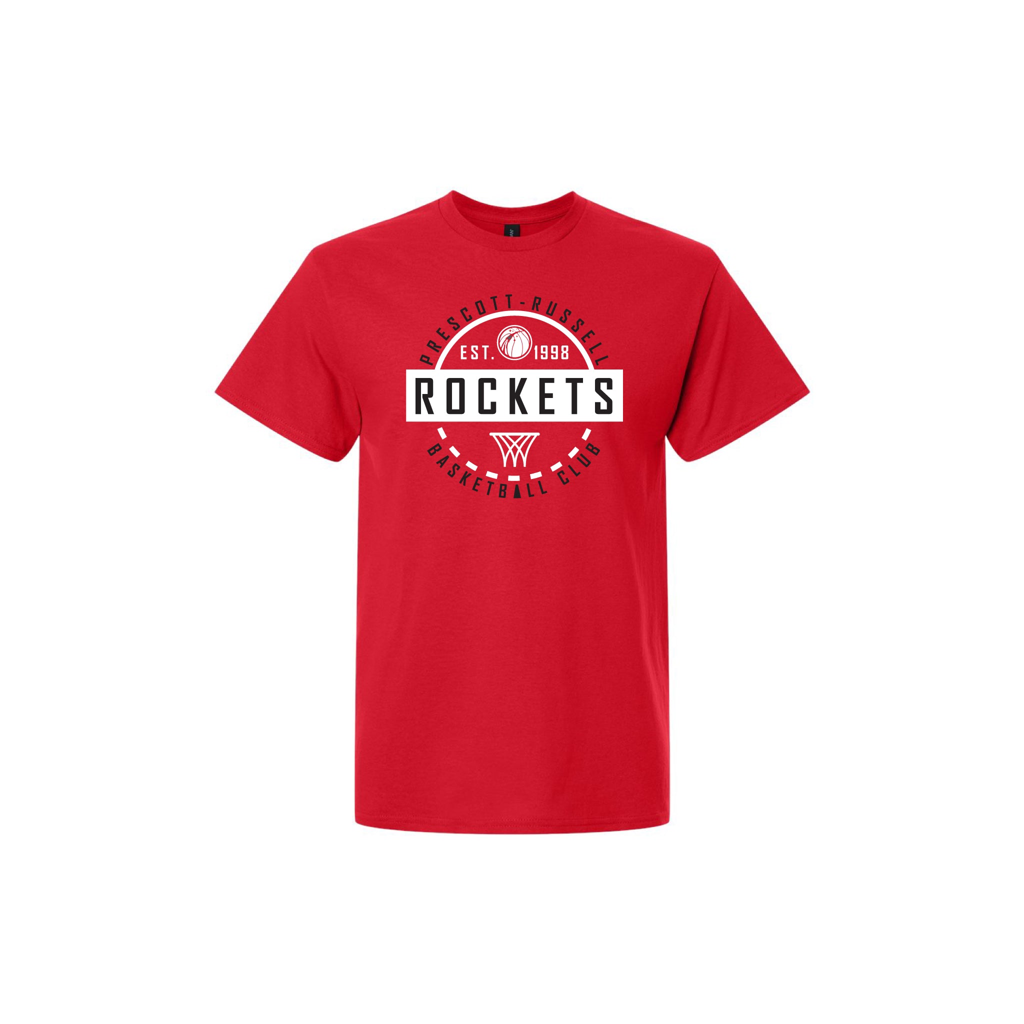 A red short-sleeve crewneck t-shirt featuring a circular red, white, and black graphic on the chest that reads 'PROSCOTT-RUSSELL ROCKETS BASKETBALL CLUB' with a basketball and logo.