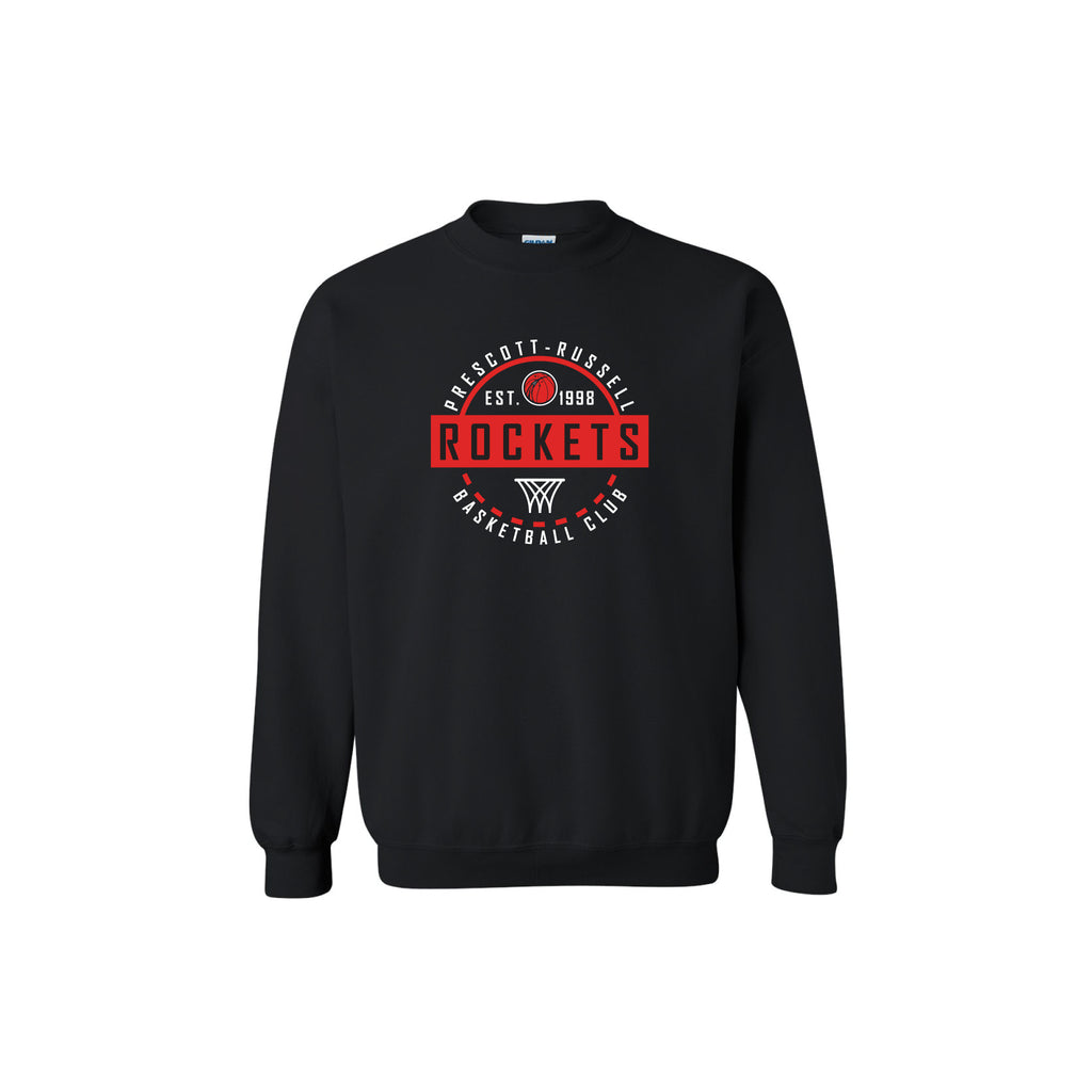 A black crewneck sweatshirt featuring a white and black circular graphic on the chest that reads 'PRESCOTT RUSSELL ROCKETS EST. 1989 BASKETBALL CLUB' 