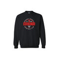 A black crewneck sweatshirt featuring a white and black circular graphic on the chest that reads 'PRESCOTT RUSSELL ROCKETS EST. 1989 BASKETBALL CLUB' 