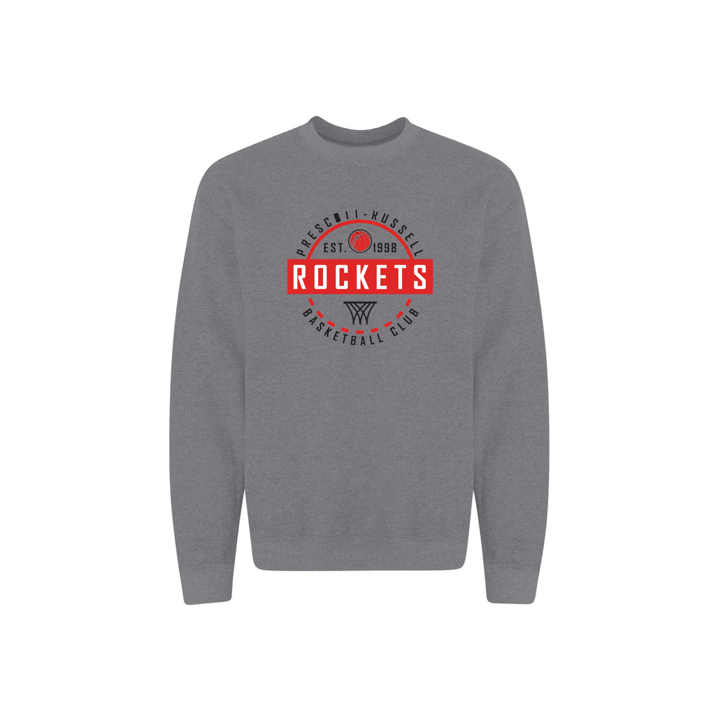 A heather grey crewneck sweatshirt featuring a white and black circular graphic on the chest that reads 'PRESCOTT RUSSELL ROCKETS EST. 1989 BASKETBALL CLUB' 