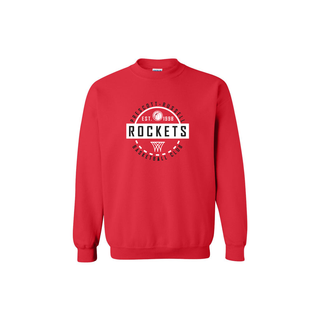 A red crewneck sweatshirt featuring a white and black circular graphic on the chest that reads 'PRESCOTT RUSSELL ROCKETS EST. 1989 BASKETBALL CLUB' 