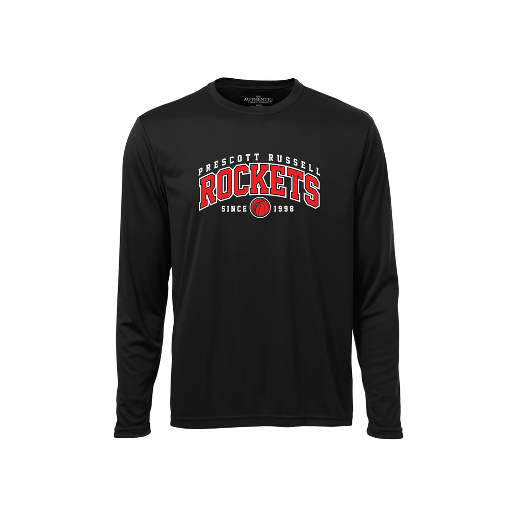 A black long-sleeve crewneck t-shirt featuring a white and black 'Prescott Russell Rockets Since 1998' graphic on the chest, displayed against a solid white background.