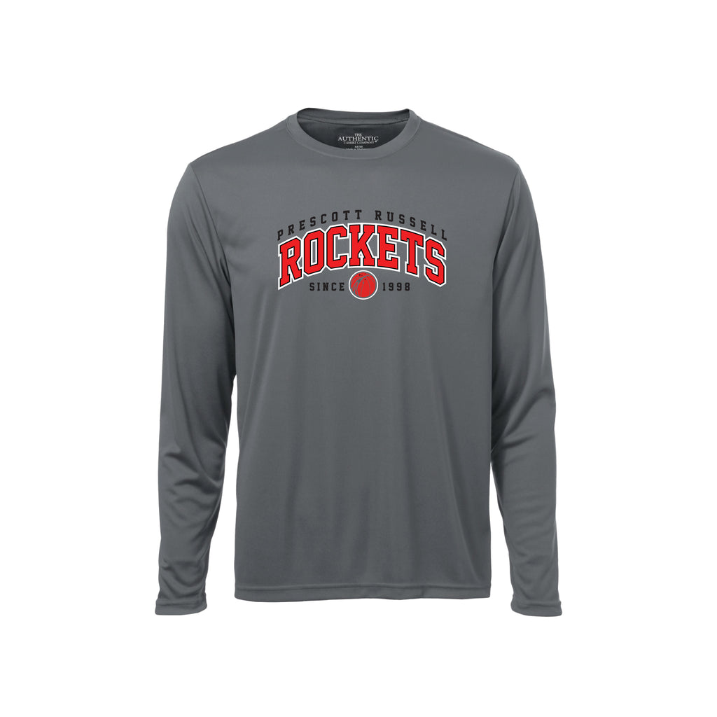 A dark grey long-sleeve crewneck t-shirt featuring a white and black 'Prescott Russell Rockets Since 1998' graphic on the chest, displayed against a solid white background.