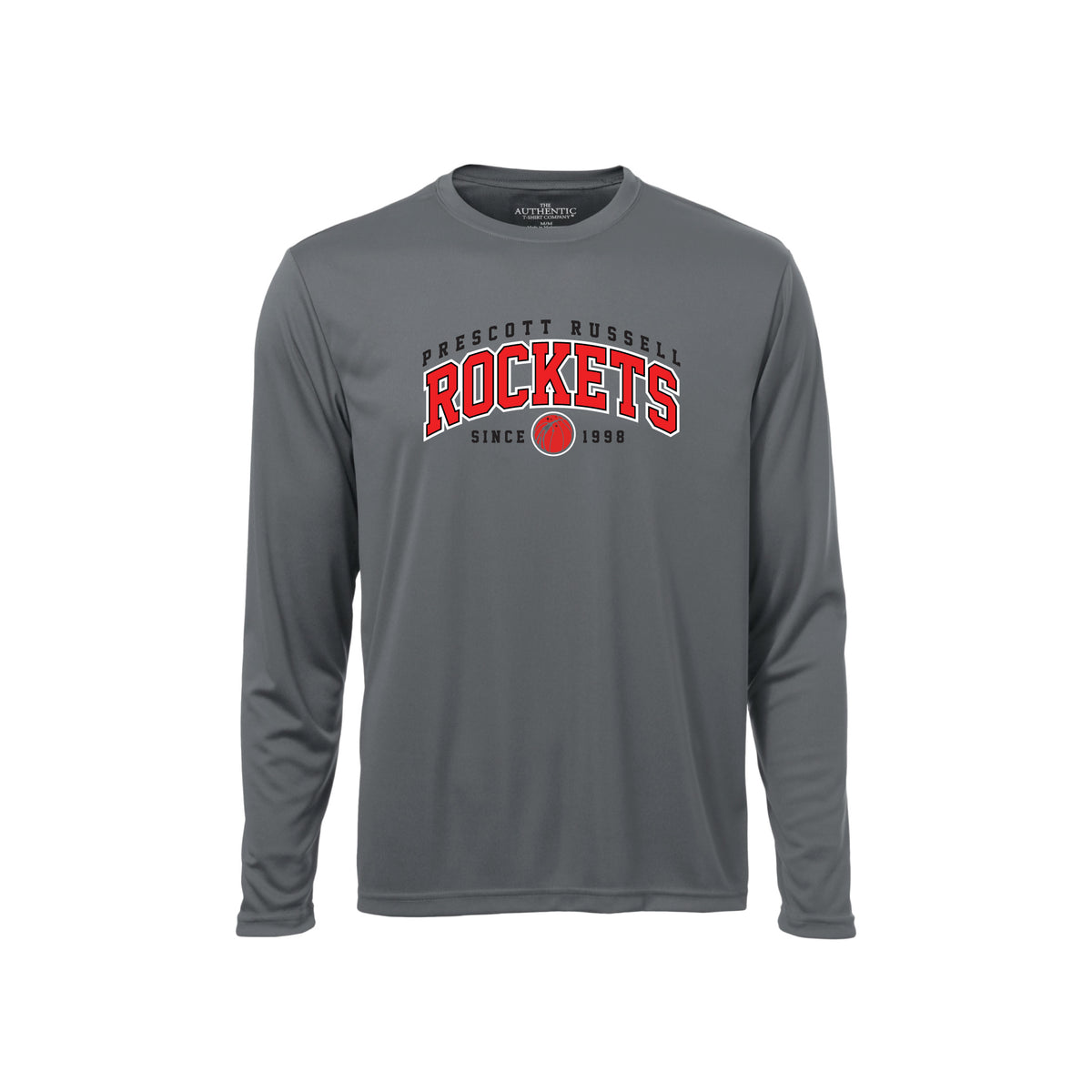 A dark grey long-sleeve crewneck t-shirt featuring a white and black 'Prescott Russell Rockets Since 1998' graphic on the chest, displayed against a solid white background.