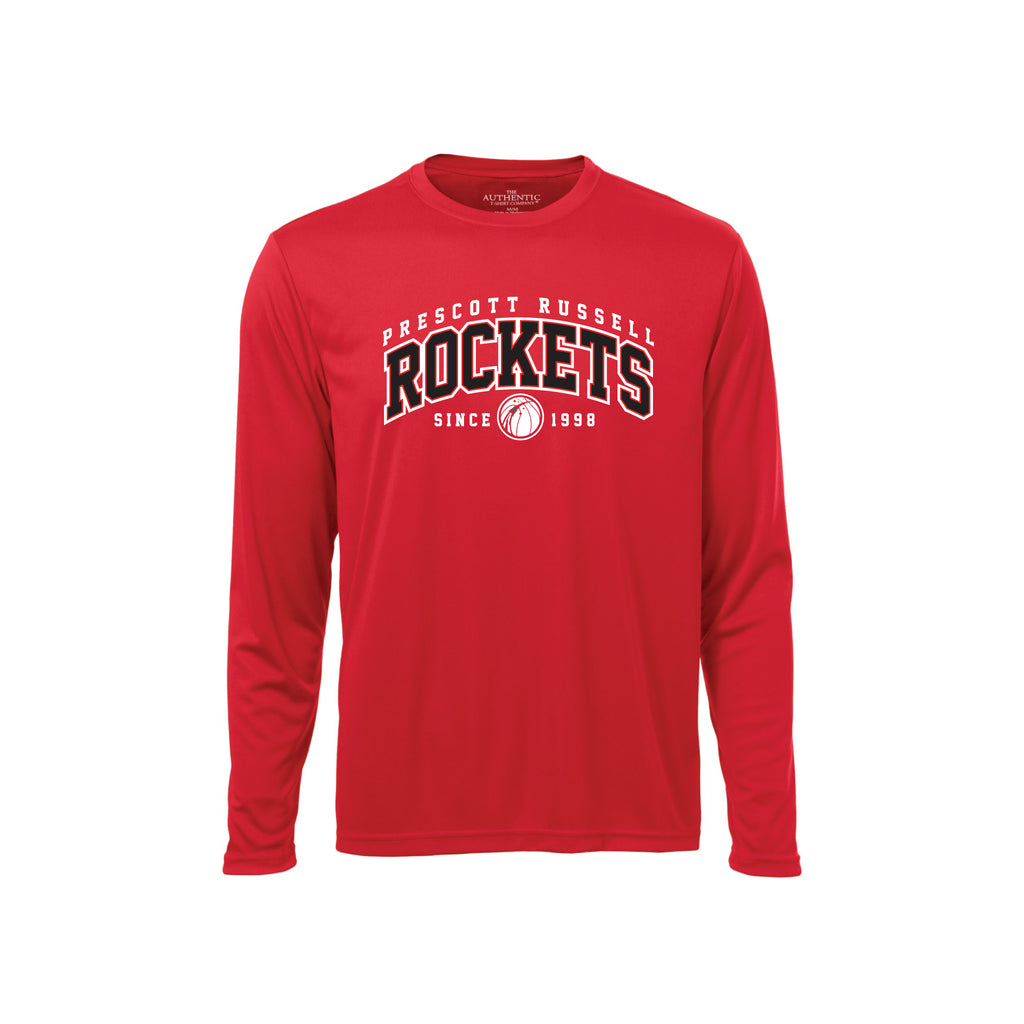 A red long-sleeve crewneck t-shirt featuring a white and black 'Prescott Russell Rockets Since 1998' graphic on the chest, displayed against a solid white background.