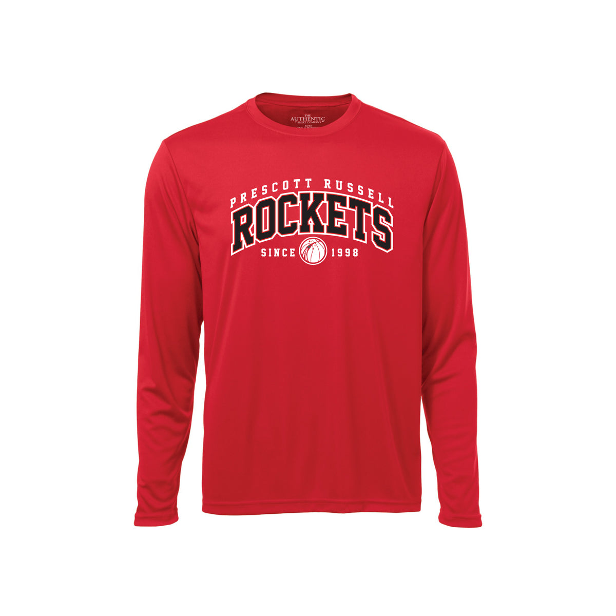 A red long-sleeve crewneck t-shirt featuring a white and black 'Prescott Russell Rockets Since 1998' graphic on the chest, displayed against a solid white background.