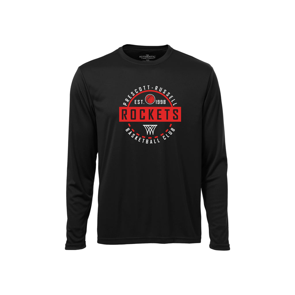 A black long-sleeve crewneck t-shirt featuring a red and white circular graphic on the chest that reads 'Prescott-Russell Est. 1998 Rockets Basketball Club' with a basketball and logo.