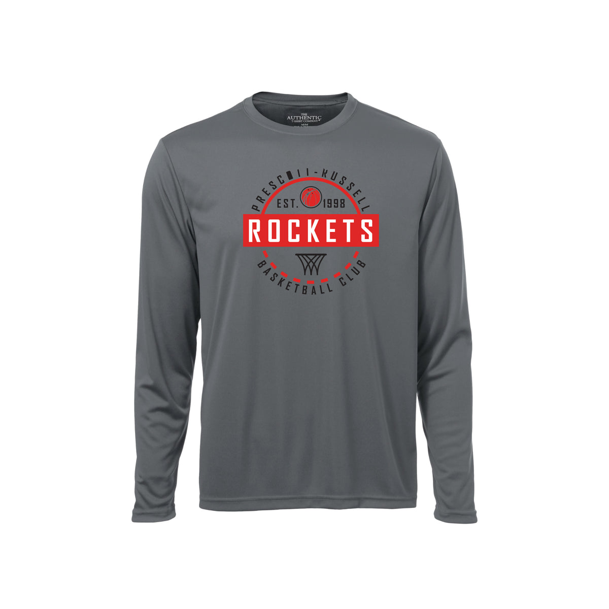 A dark grey long-sleeve crewneck t-shirt featuring a red and white circular graphic on the chest that reads 'Prescott-Russell Est. 1998 Rockets Basketball Club' with a basketball and logo.