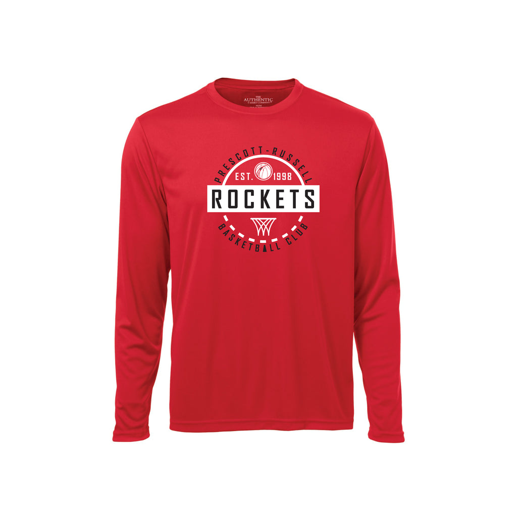 A red long-sleeve crewneck t-shirt featuring a red and white circular graphic on the chest that reads 'Prescott-Russell Est. 1998 Rockets Basketball Club' with a basketball and logo.