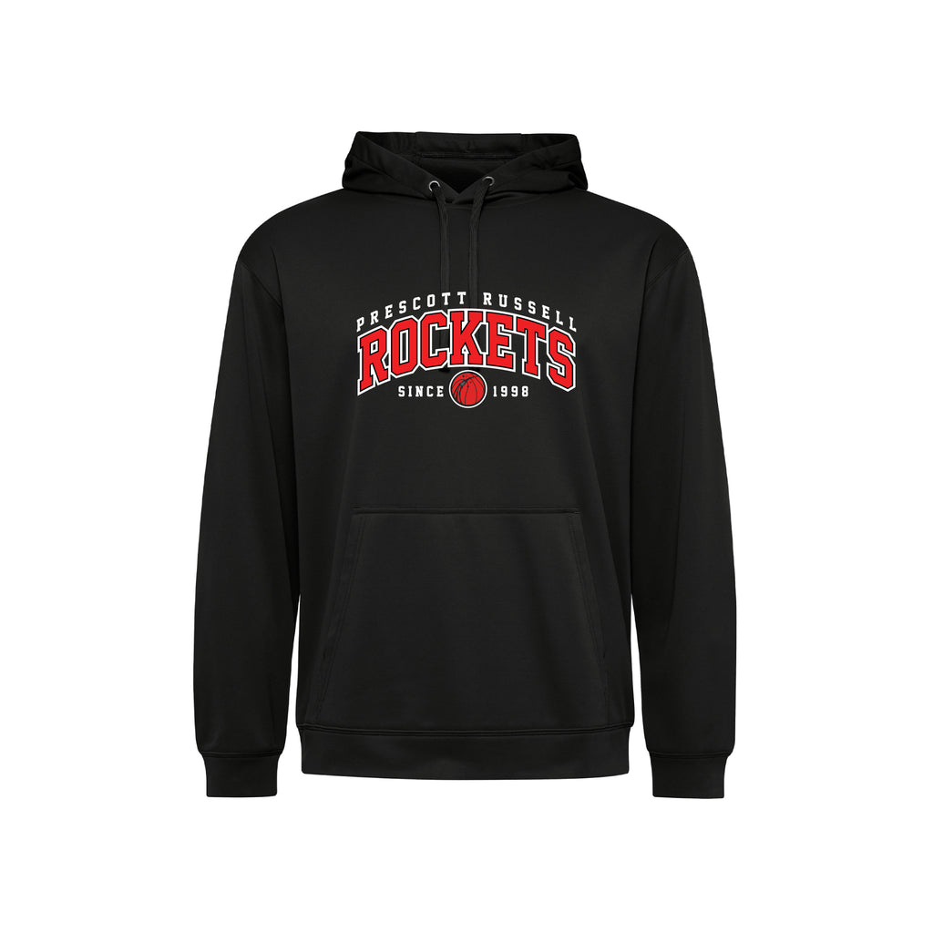 A black pullover hoodie with a front kangaroo pocket and a graphic print on the chest reading 'Prescott Russell Rockets Since 1998' in white and black.