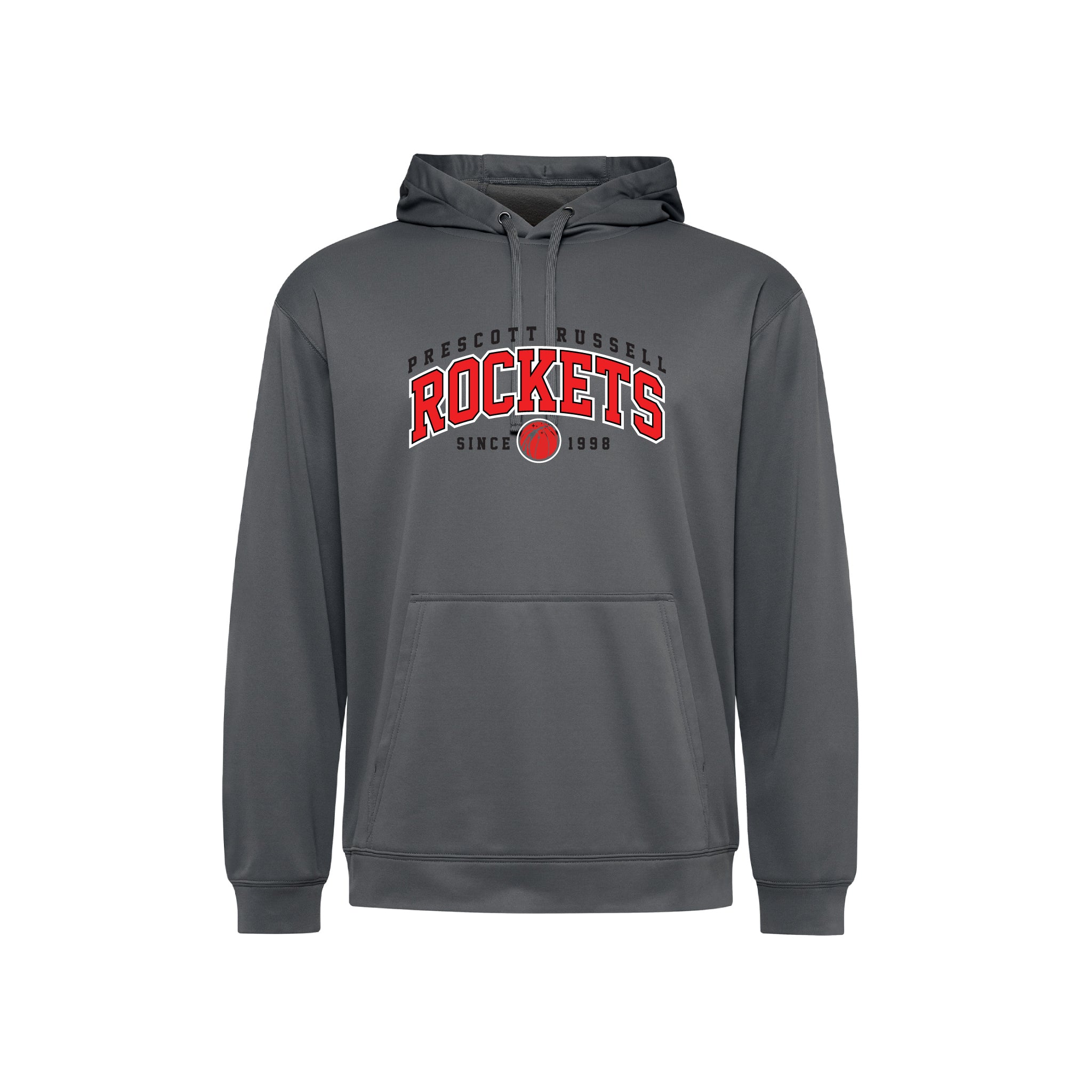 A dark grey pullover hoodie with a front kangaroo pocket and a graphic print on the chest reading 'Prescott Russell Rockets Since 1998' in black, white and red.