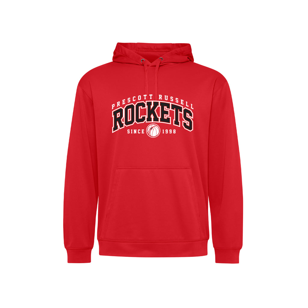 A red pullover hoodie with a front kangaroo pocket and a graphic print on the chest reading 'Prescott Russell Rockets Since 1998' in white and black.