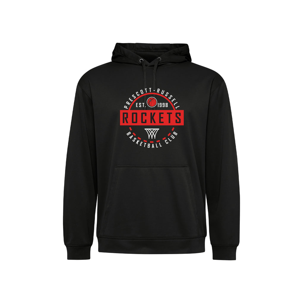 A black performance pullover hoodie with a red, white and black 'Rockets Basketball Club' graphic on the chest, displayed on a clean white background.