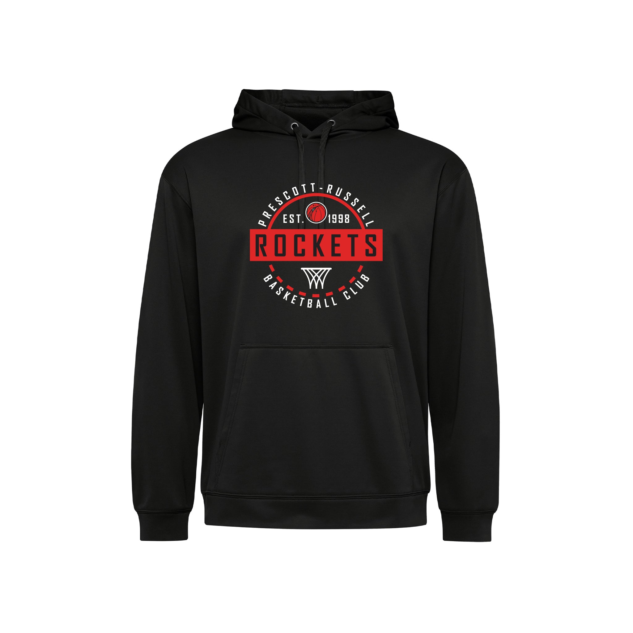 A black performance pullover hoodie with a red, white and black 'Rockets Basketball Club' graphic on the chest, displayed on a clean white background.
