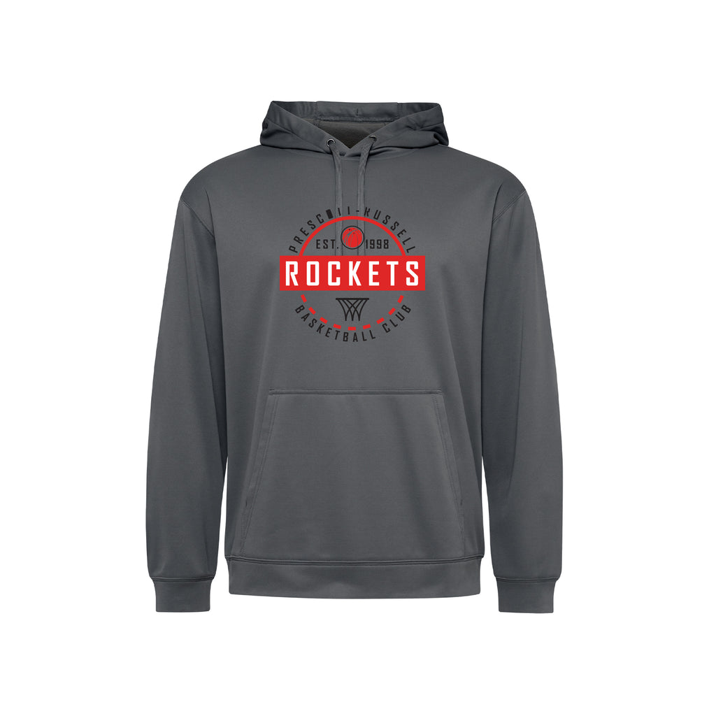 A dark grey performance pullover hoodie with a red, white and black 'Rockets Basketball Club' graphic on the chest, displayed on a clean white background.