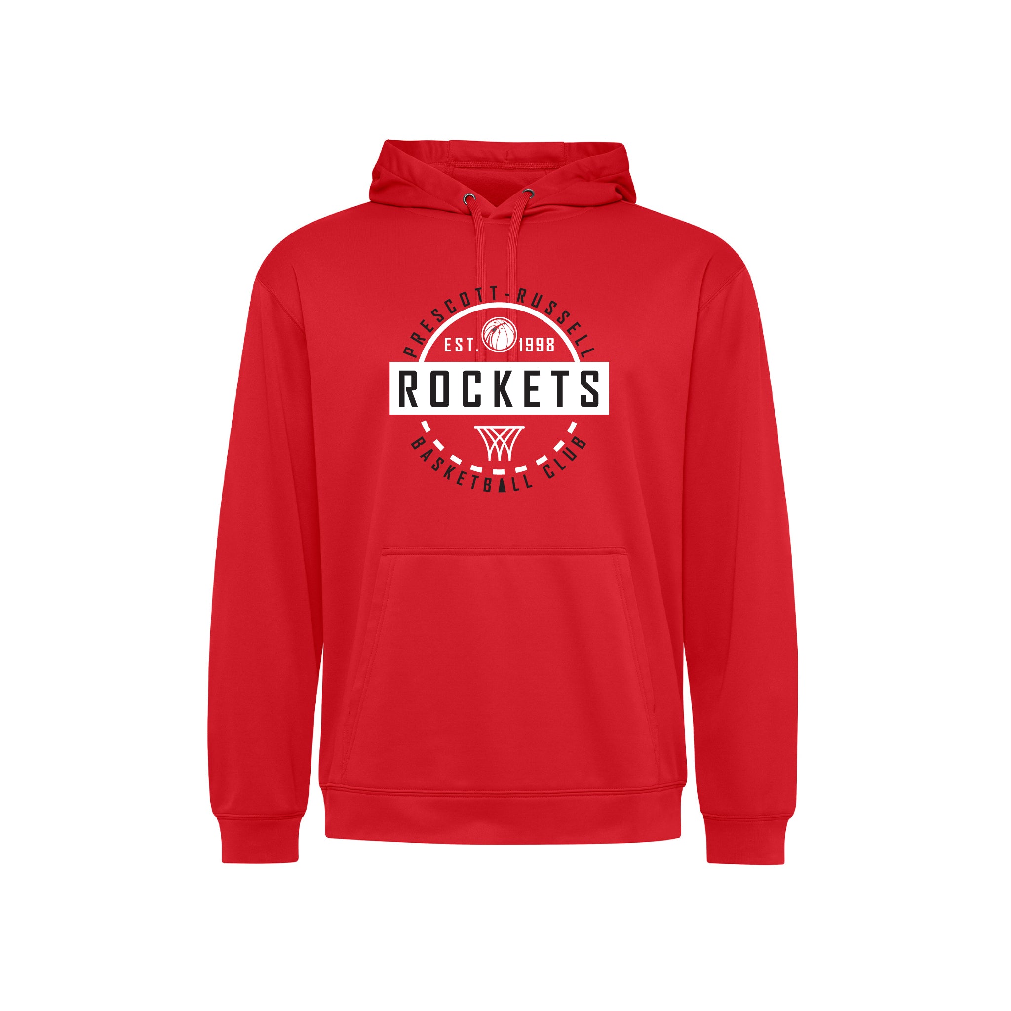 A red performance pullover hoodie with a white and black 'Rockets Basketball Club' graphic on the chest, displayed on a clean white background.