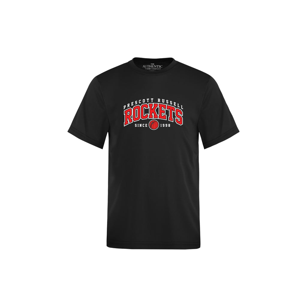 A black short-sleeve crewneck t-shirt featuring a collegiate-style graphic on the chest that reads 'PRESCOTT RUSSELL ROCKETS SINCE 1998' in white and red lettering, displayed against a solid white background.