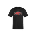 A black short-sleeve crewneck t-shirt featuring a collegiate-style graphic on the chest that reads 'PRESCOTT RUSSELL ROCKETS SINCE 1998' in white and red lettering, displayed against a solid white background.