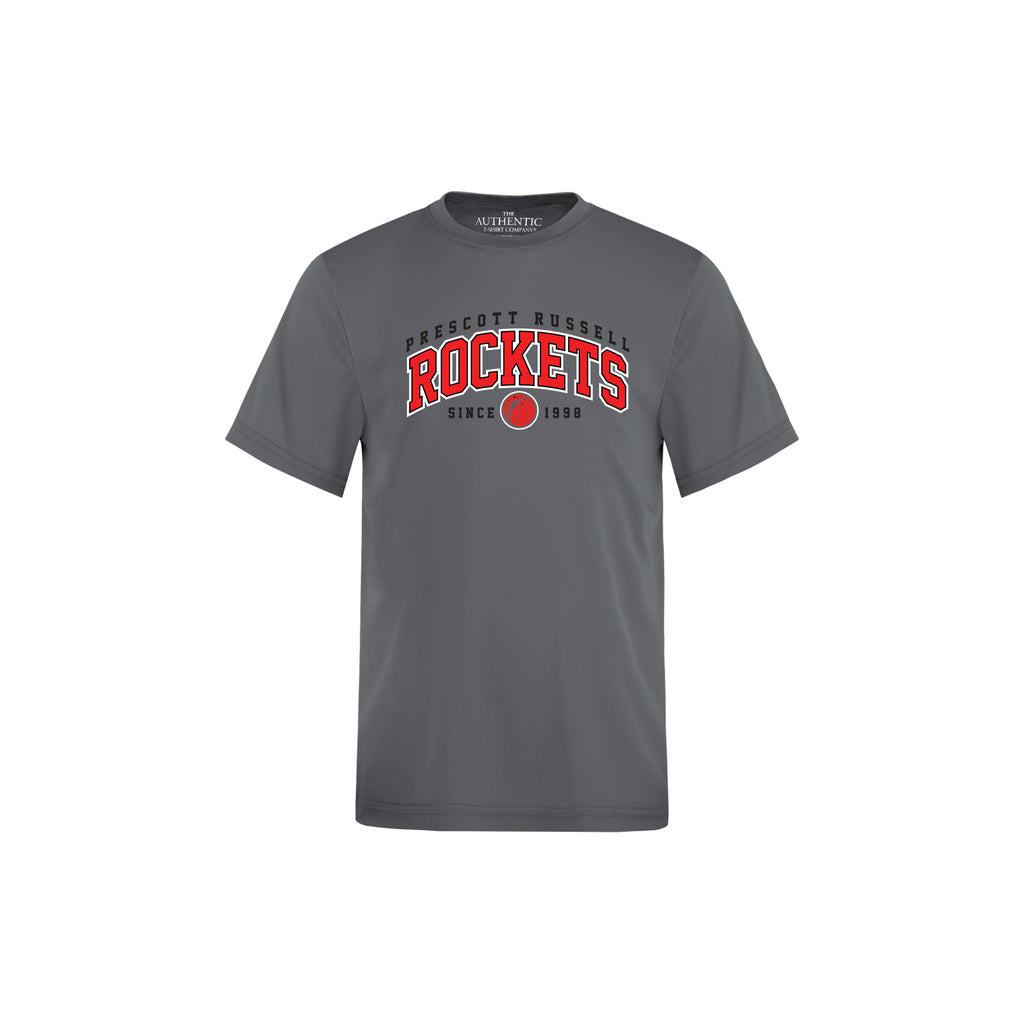 A dark grey short-sleeve crewneck t-shirt featuring a collegiate-style graphic on the chest that reads 'PRESCOTT RUSSELL ROCKETS SINCE 1998' in red and black lettering, displayed against a solid white background.