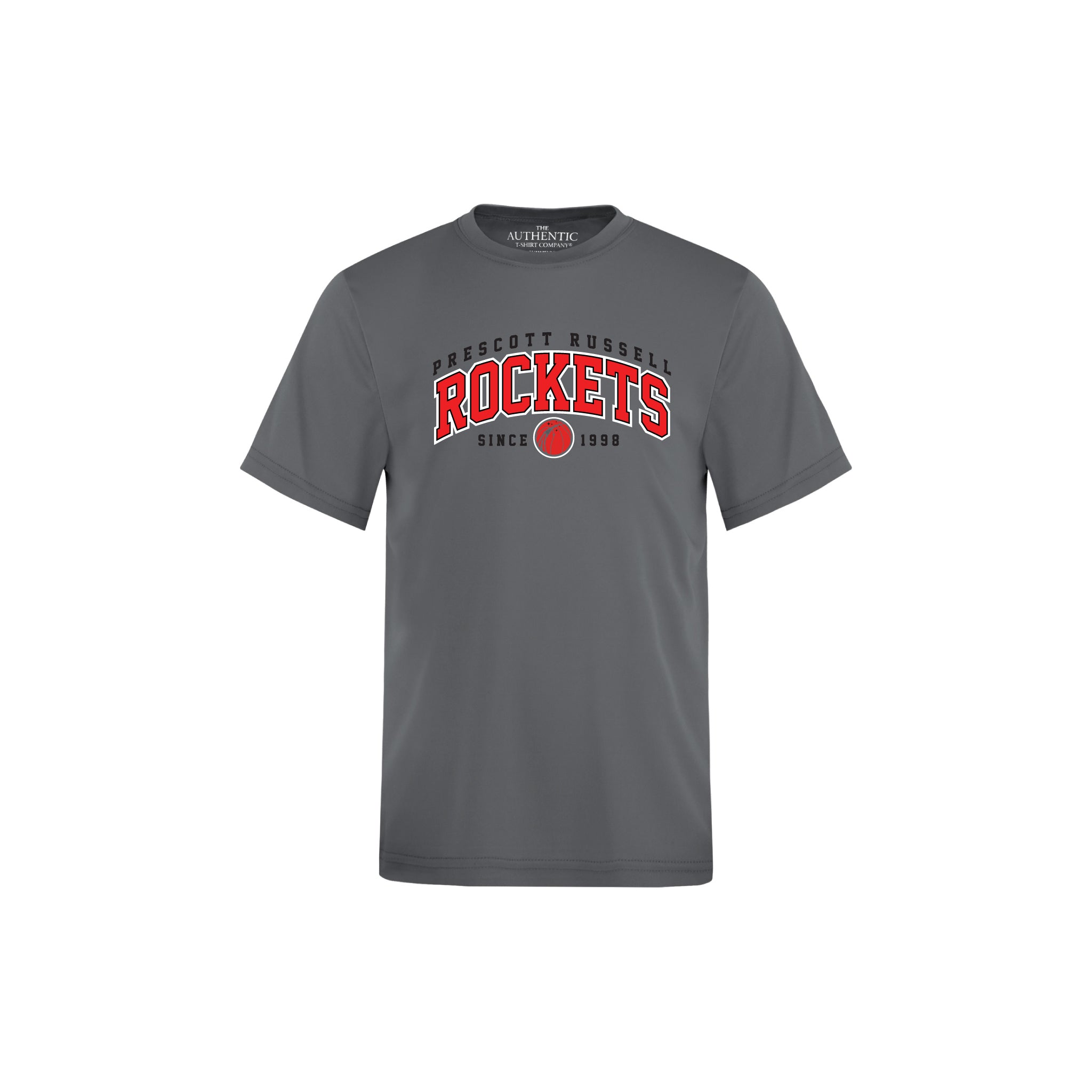 A dark grey short-sleeve crewneck t-shirt featuring a collegiate-style graphic on the chest that reads 'PRESCOTT RUSSELL ROCKETS SINCE 1998' in red and black lettering, displayed against a solid white background.