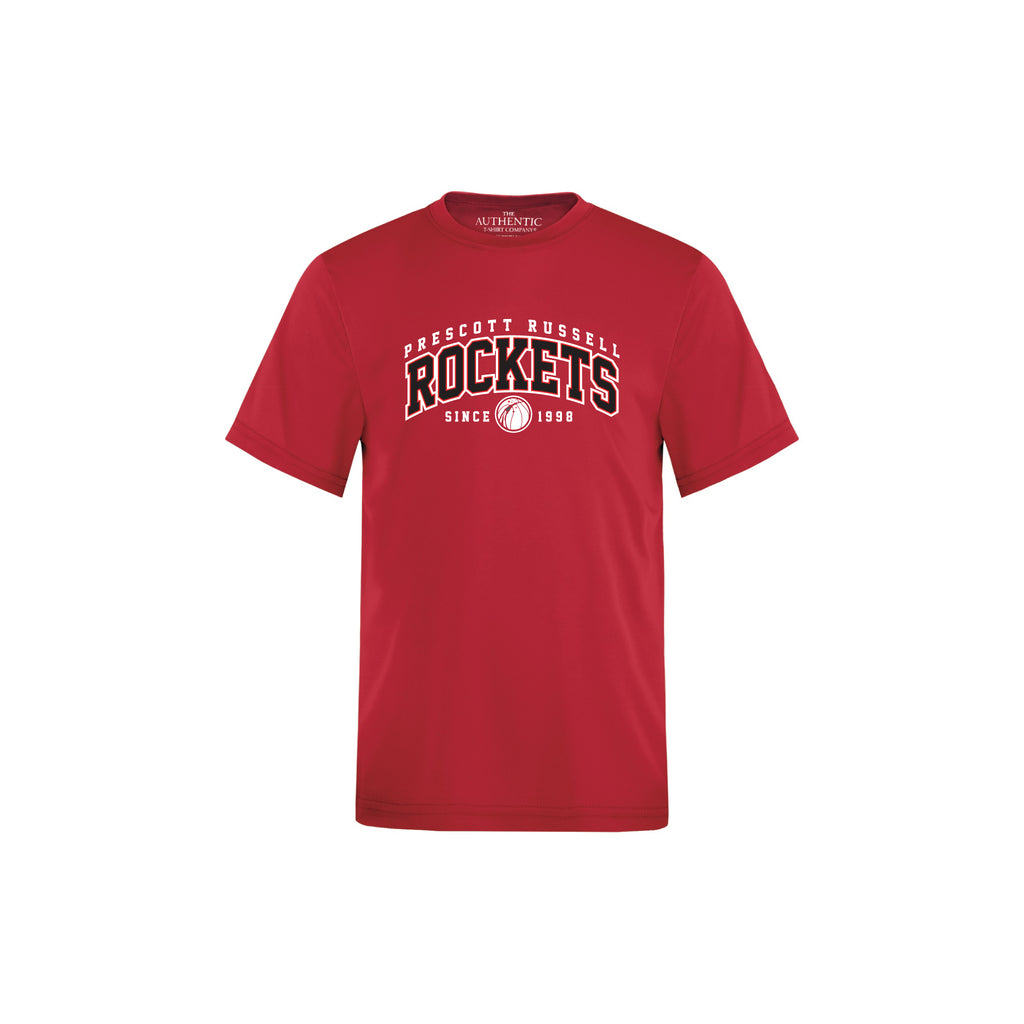 A red short-sleeve crewneck t-shirt featuring a collegiate-style graphic on the chest that reads 'PRESCOTT RUSSELL ROCKETS SINCE 1998' in white and black lettering, displayed against a solid white background.