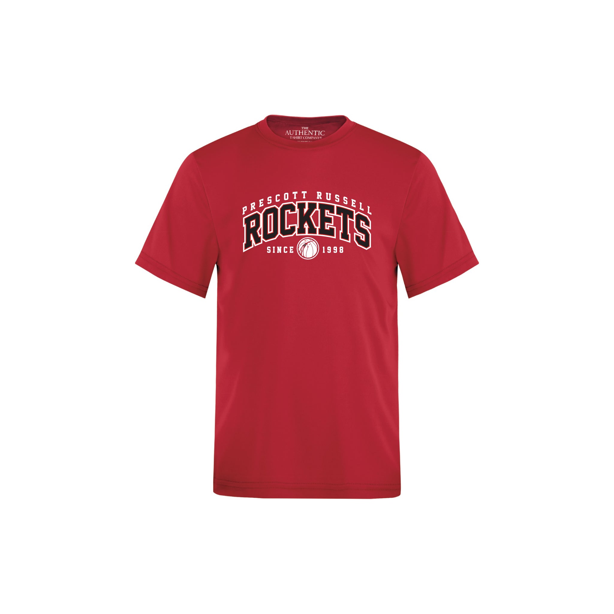 A red short-sleeve crewneck t-shirt featuring a collegiate-style graphic on the chest that reads 'PRESCOTT RUSSELL ROCKETS SINCE 1998' in white and black lettering, displayed against a solid white background.