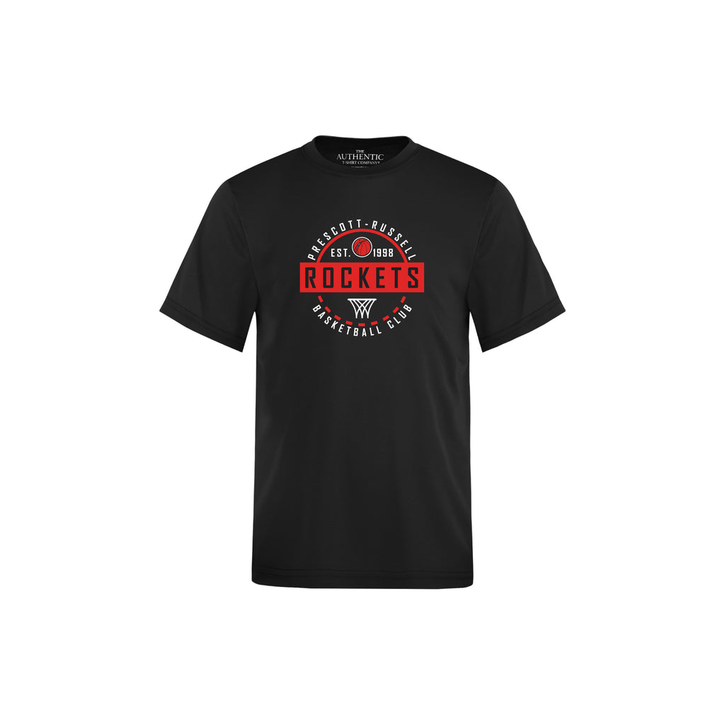 A black short-sleeve t-shirt with a circular 'Prescott Russell Rockets Basketball Club' graphic on the chest, shown on a plain white background.