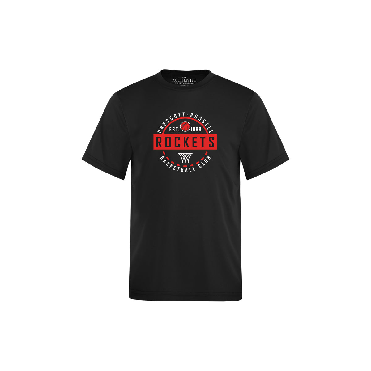 A black short-sleeve t-shirt with a circular 'Prescott Russell Rockets Basketball Club' graphic on the chest, shown on a plain white background.