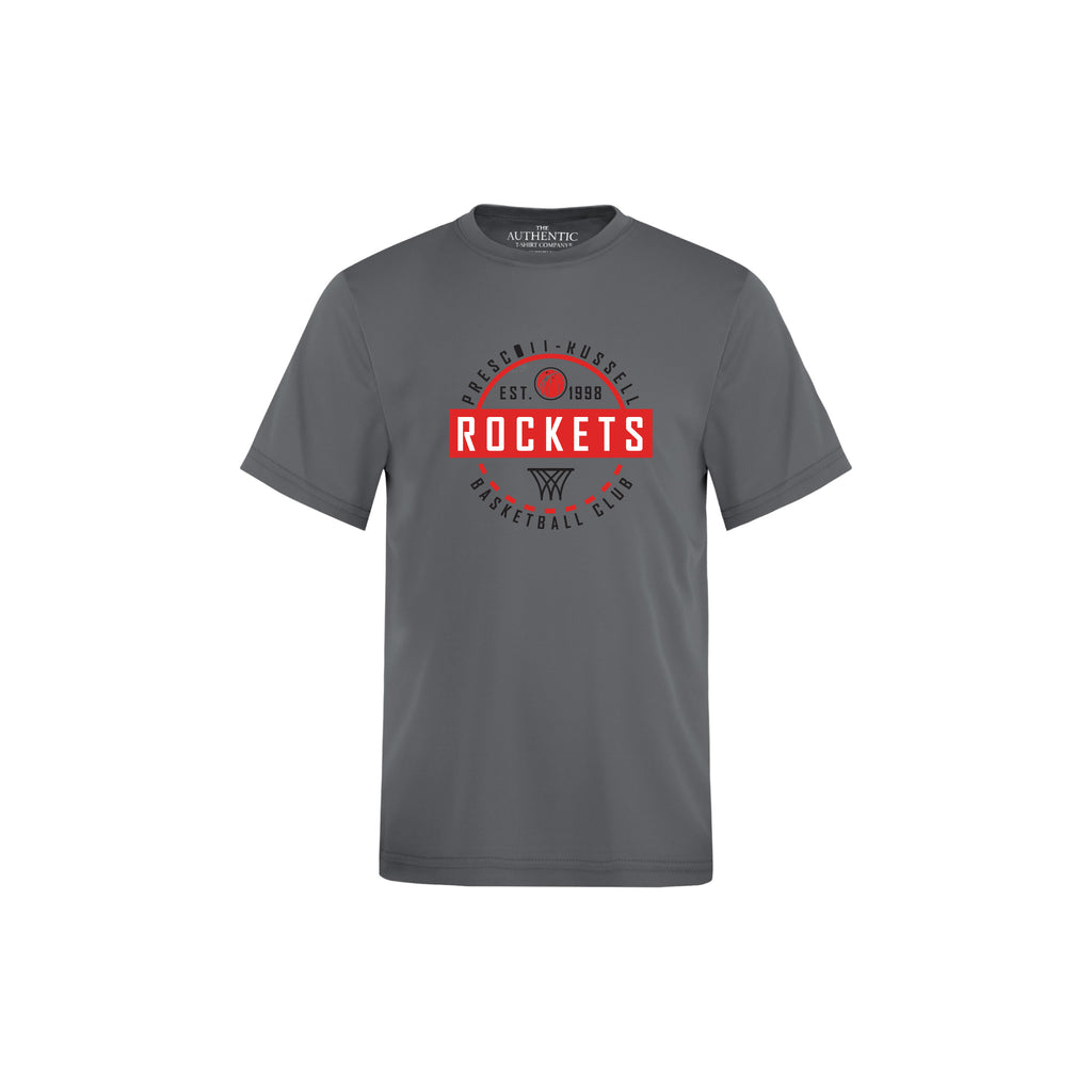 A dark gray short-sleeve t-shirt with a circular 'Prescott Russell Rockets Basketball Club' graphic on the chest, shown on a plain white background.