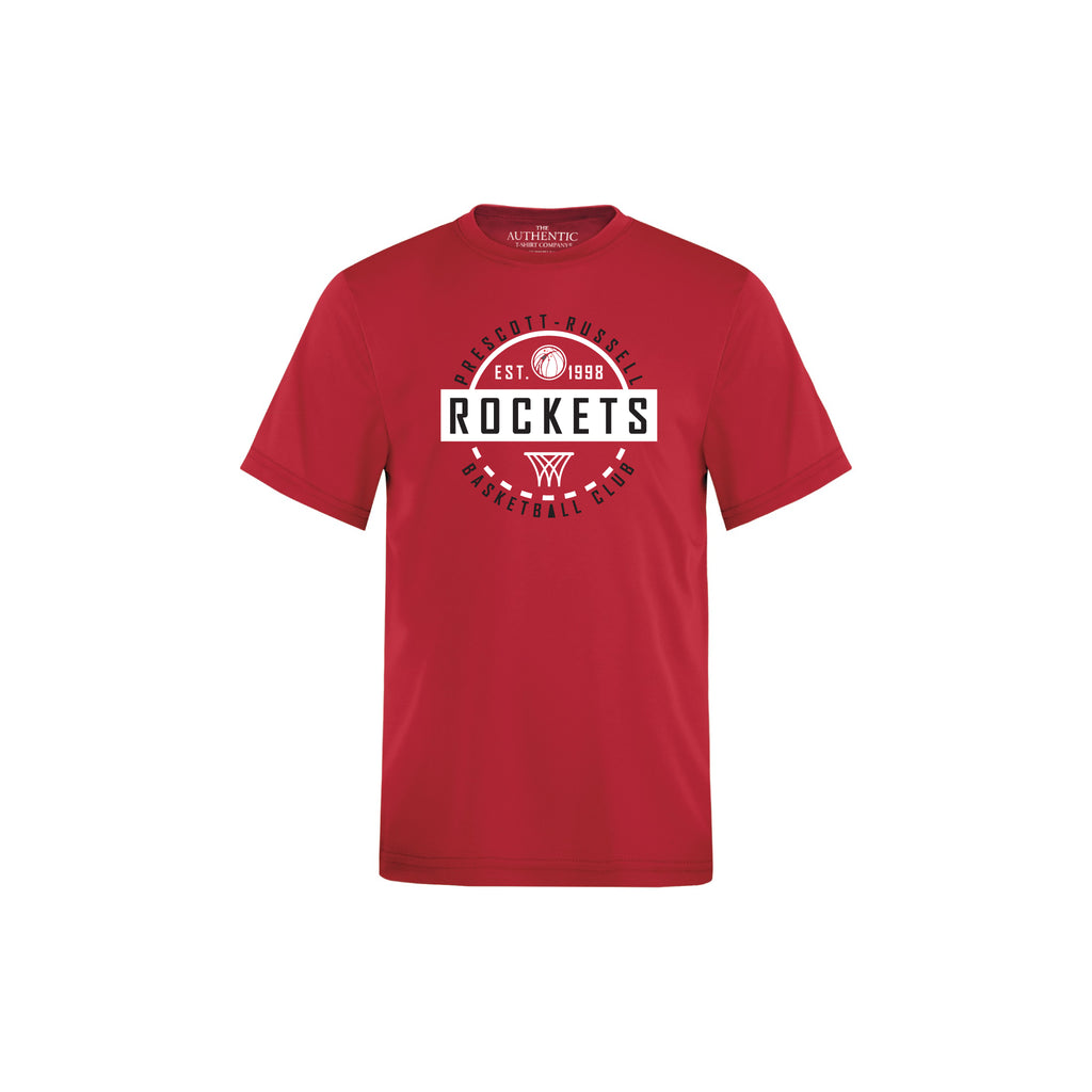 A red short-sleeve t-shirt with a circular 'Prescott Russell Rockets Basketball Club' graphic on the chest, shown on a plain white background.
