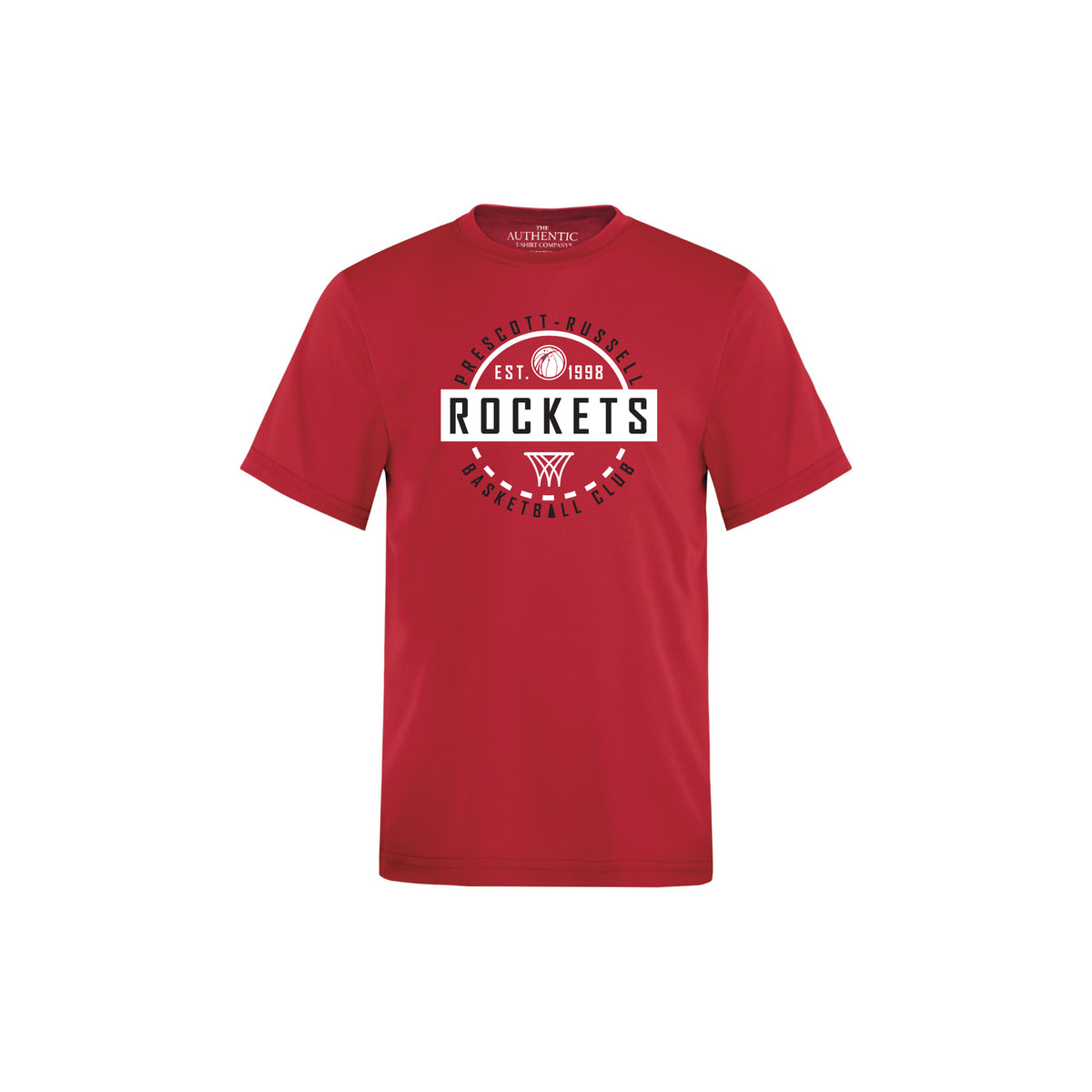 A red short-sleeve t-shirt with a circular 'Prescott Russell Rockets Basketball Club' graphic on the chest, shown on a plain white background.