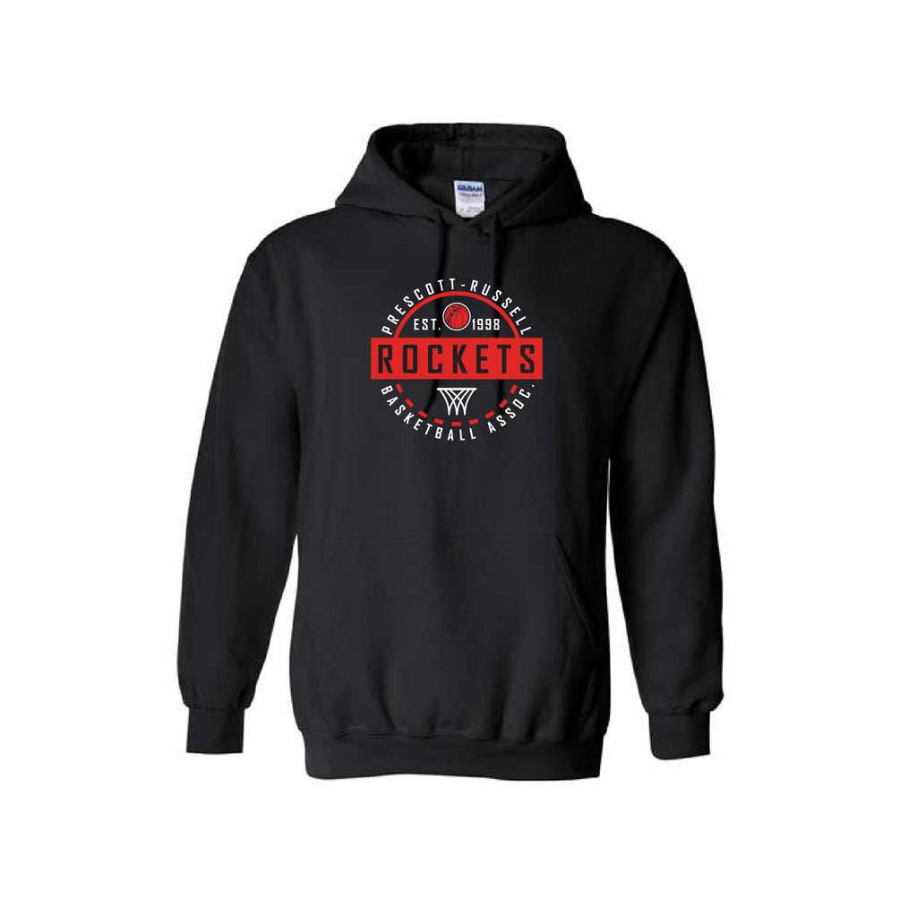 A black pullover hoodie featuring a circular red, white, and black graphic on the chest that reads 'PRESCOTT RUSSELL ROCKETS BASKETBALL  with a basketball and basketball hoop icon.