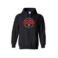 A black pullover hoodie featuring a circular red, white, and black graphic on the chest that reads 'PRESCOTT RUSSELL ROCKETS BASKETBALL  with a basketball and basketball hoop icon.