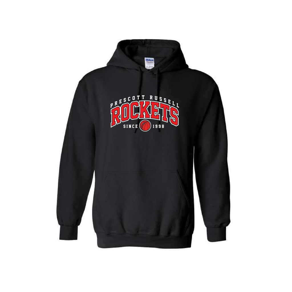 A black pullover hoodie featuring a red and white graphic on the chest that reads 'PRESCOTT RUSSELL ROCKETS SINCE 1980' with a basketball logo, shown against a plain white background.
