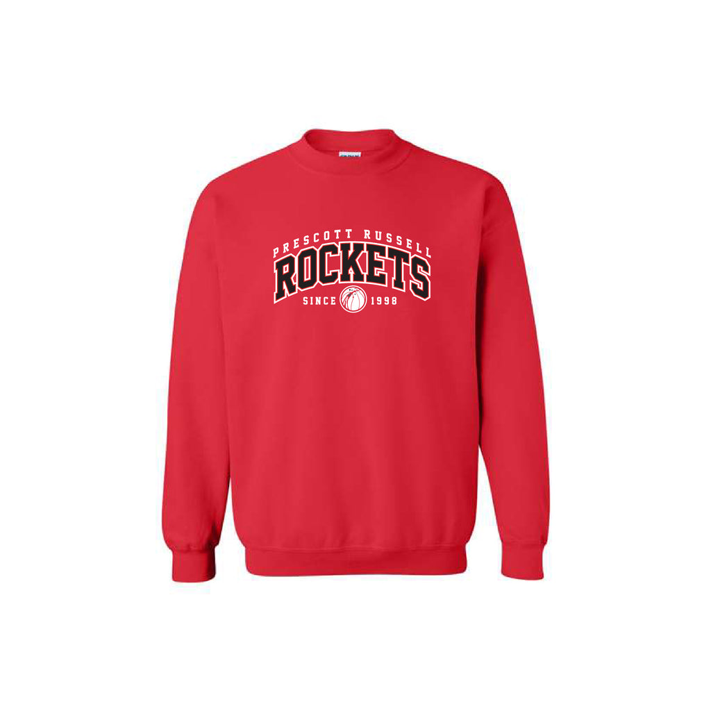 A red crewneck sweatshirt featuring a white and black 'Prescott Russell Rockets Since 1956' graphic on the chest, displayed against a plain white background.