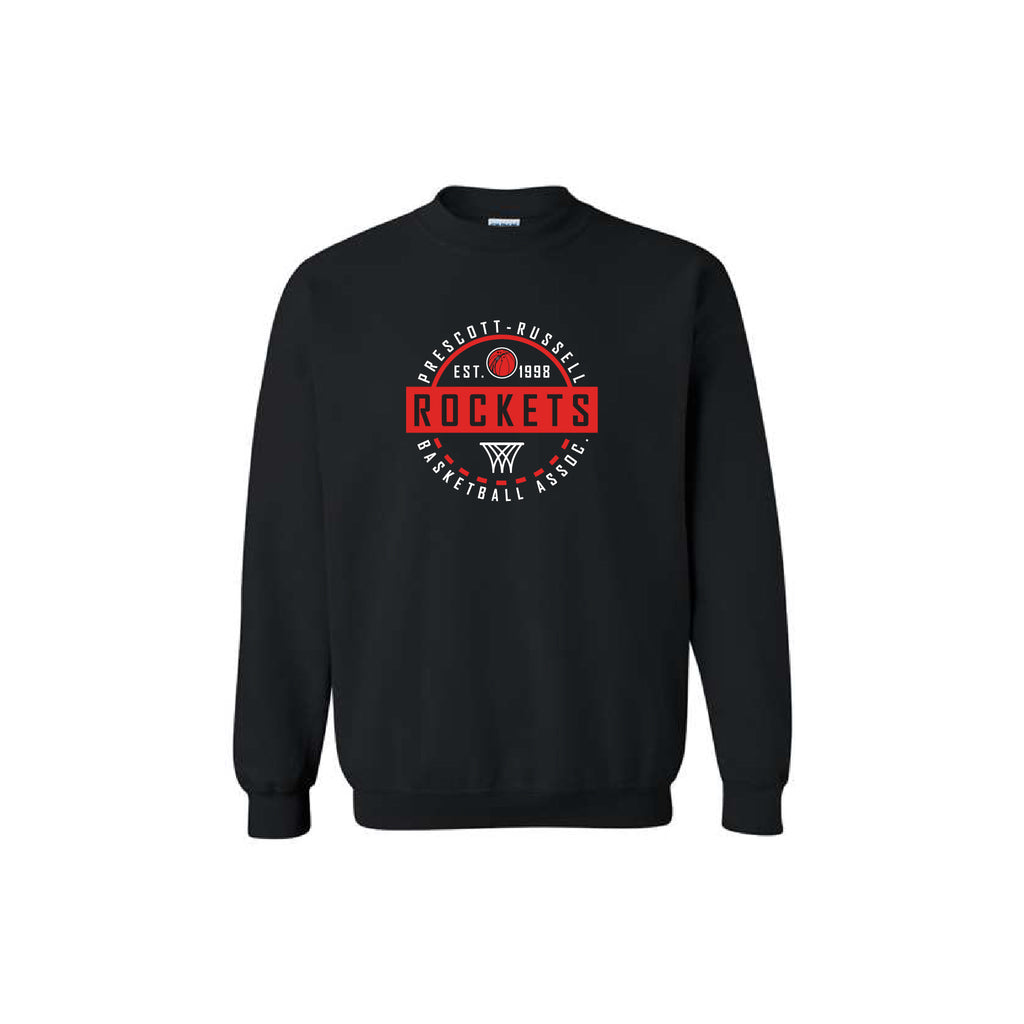 A black crewneck sweatshirt featuring a circular red, white, and black graphic on the chest that reads 'Prescott Russell Rocket Basketball EST. 1989' with a basketball and Rockets logo.