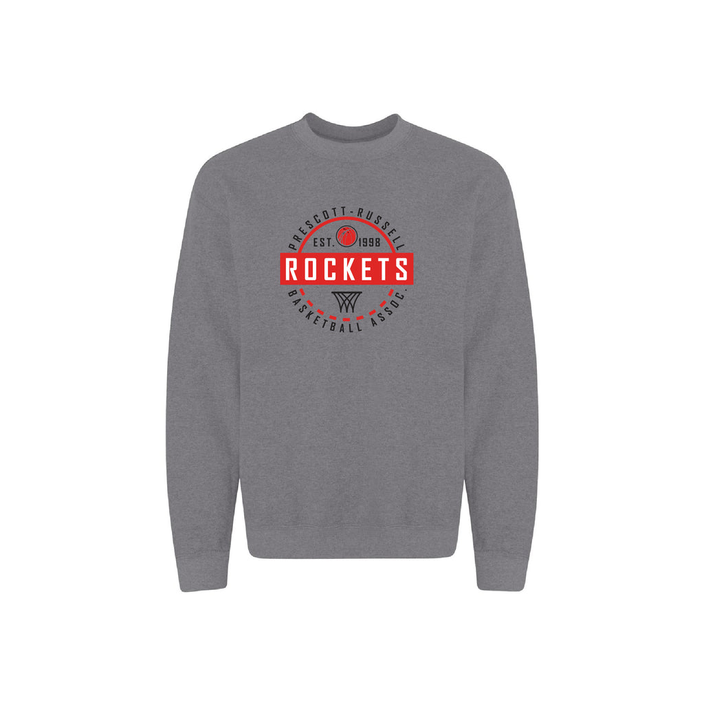 A Heather Grey crewneck sweatshirt featuring a circular red, white, and black graphic on the chest that reads 'Prescott Russell Rocket Basketball EST. 1989' with a basketball and Rockets logo.